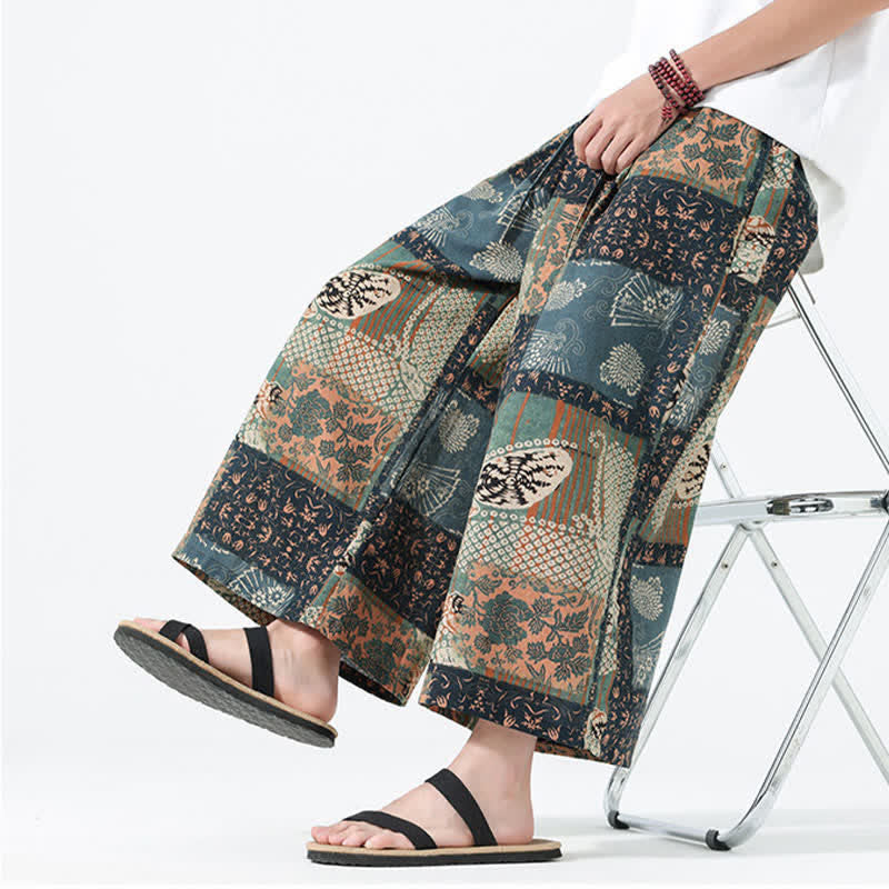 Buddha Stones Pantaloni corti da uomo a gamba larga con tasche, stile boho casual, con coulisse, motivo floreale e patchwork, per primavera/estate. - image 9
