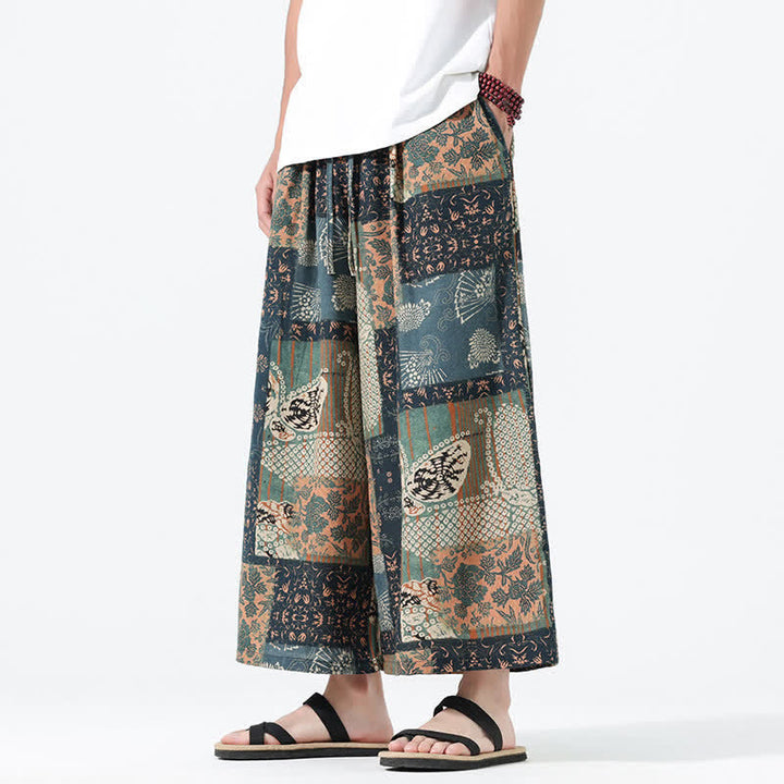 Buddha Stones Pantaloni corti da uomo a gamba larga con tasche, stile boho casual, con coulisse, motivo floreale e patchwork, per primavera/estate. - image 7