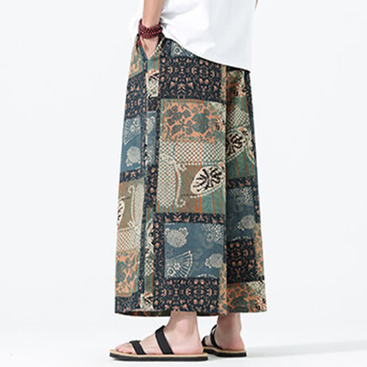 Buddha Stones Pantaloni corti da uomo a gamba larga con tasche, stile boho casual, con coulisse, motivo floreale e patchwork, per primavera/estate. - image 4