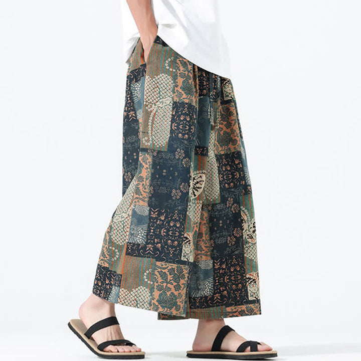 Buddha Stones Pantaloni corti da uomo a gamba larga con tasche, stile boho casual, con coulisse, motivo floreale e patchwork, per primavera/estate. - image 5