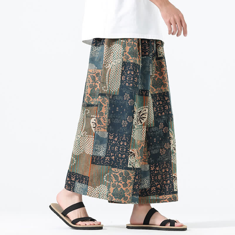 Buddha Stones Pantaloni corti da uomo a gamba larga con tasche, stile boho casual, con coulisse, motivo floreale e patchwork, per primavera/estate. - image 3