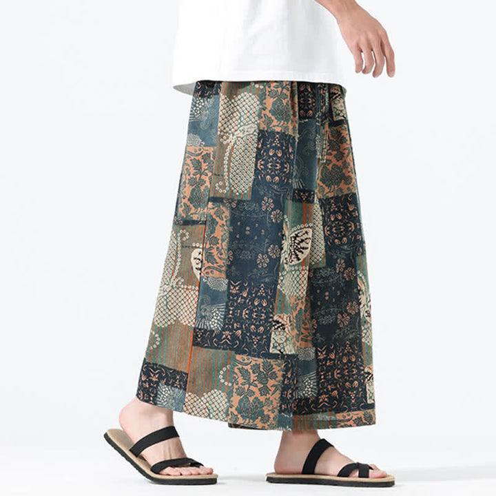Buddha Stones Pantaloni corti da uomo a gamba larga con tasche, stile boho casual, con coulisse, motivo floreale e patchwork, per primavera/estate. - image 3