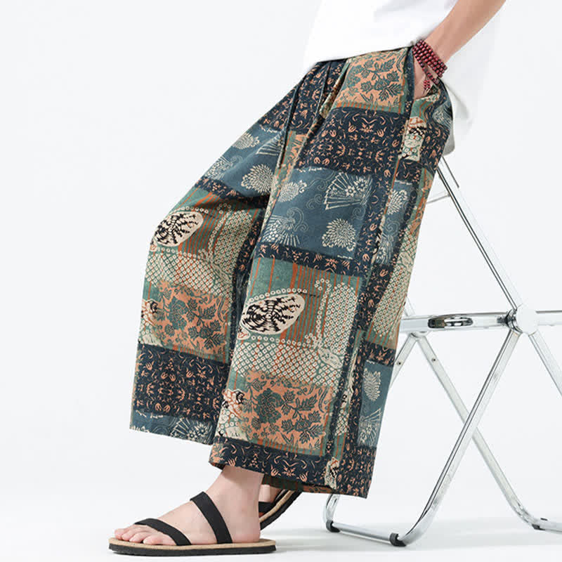 Buddha Stones Pantaloni corti da uomo a gamba larga con tasche, stile boho casual, con coulisse, motivo floreale e patchwork, per primavera/estate. - image 8