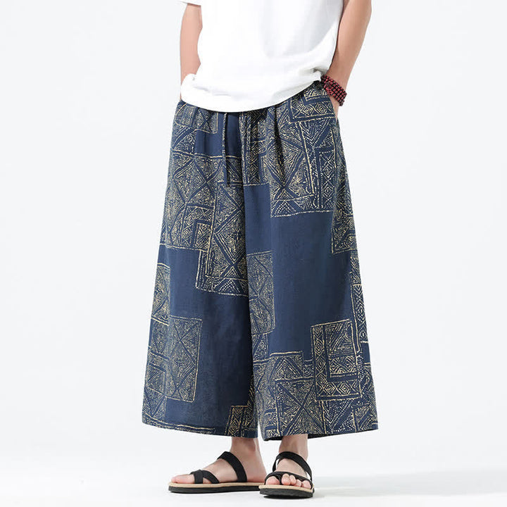 Buddha Stones Pantaloni corti da uomo a gamba larga con tasche, stile boho casual, con coulisse, motivo floreale e patchwork, per primavera/estate. - SteelBlue - US/UK/AU46, EU56 (5XL) - image 10