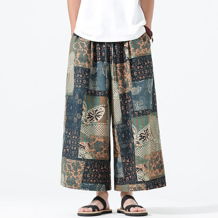 Buddha Stones Pantaloni corti da uomo a gamba larga con tasche, stile boho casual, con coulisse, motivo floreale e patchwork, per primavera/estate. - image 2