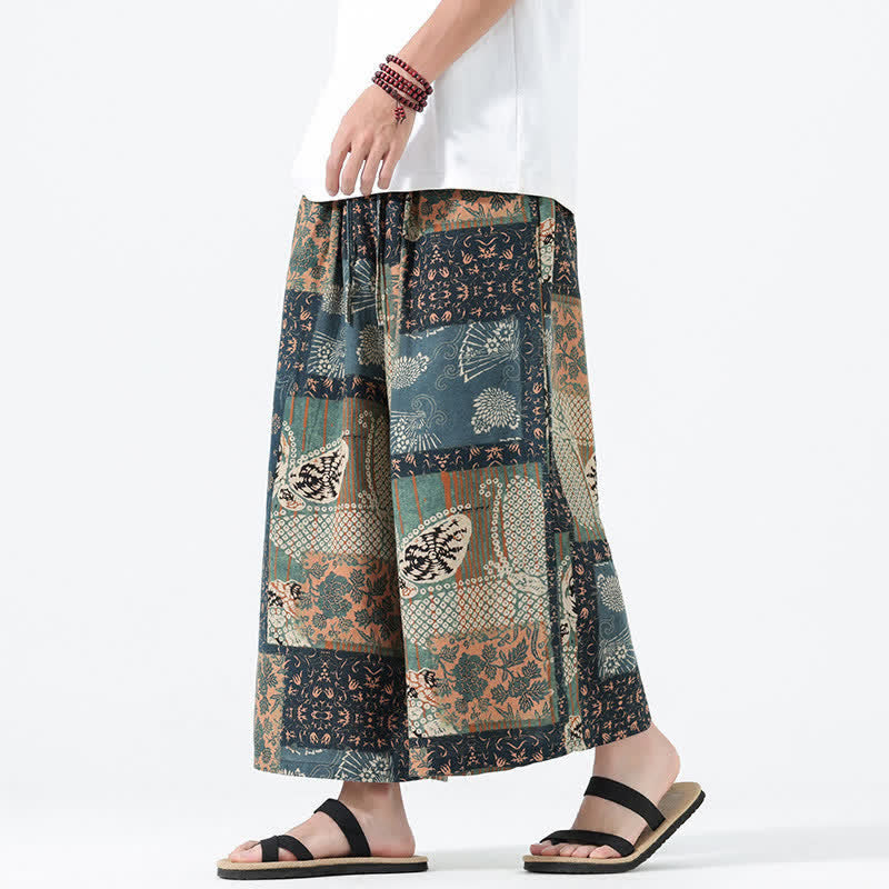 Buddha Stones Pantaloni corti da uomo a gamba larga con tasche, stile boho casual, con coulisse, motivo floreale e patchwork, per primavera/estate. - image 1