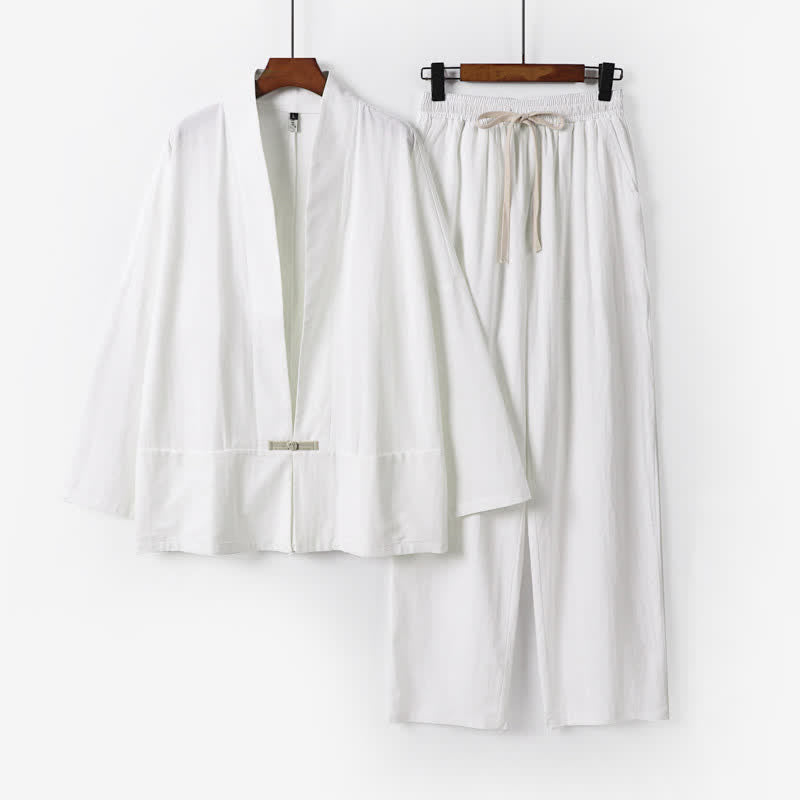 Buddha Stones Completo da 2 pezzi in ramia tinta unita con scollo a V, kimono, pantaloni con coulisse, abbigliamento da meditazione da uomo con tasche. - Bianco - US/UK/AU54, EU64 (9XL) - image 10