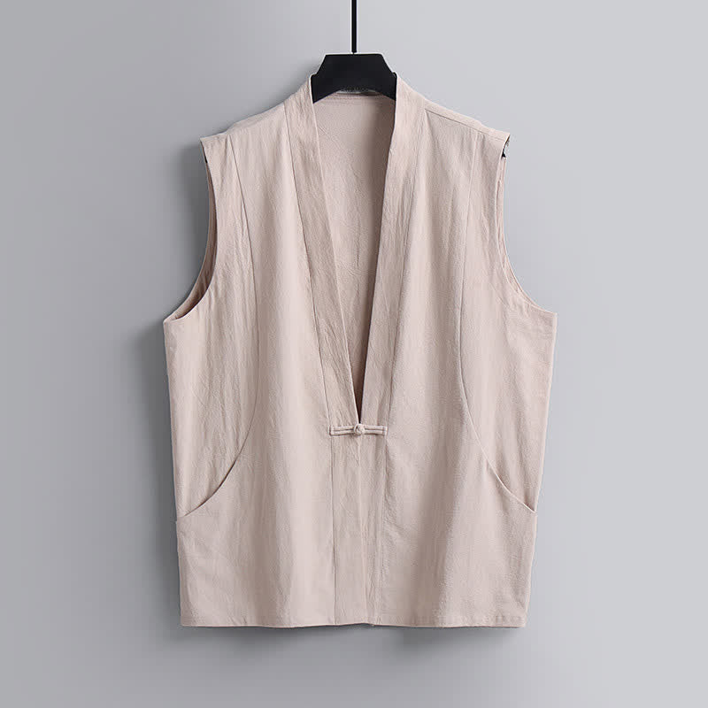 Buddha Stones Completo estivo da uomo in stile Tang con bottoni a rana, scollo a V, senza maniche e tasche, composto da camicia e pantaloni in lino tinta unita con scollo a V e tasche, ideale per la meditazione. - image 19