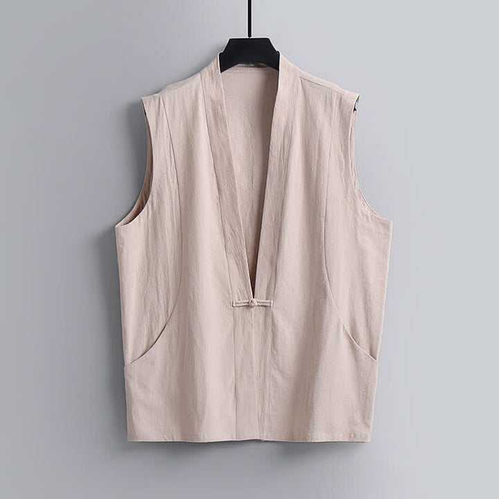 Buddha Stones Completo estivo da uomo in stile Tang con bottoni a rana, scollo a V, senza maniche e tasche, composto da camicia e pantaloni in lino tinta unita con scollo a V e tasche, ideale per la meditazione. - image 19