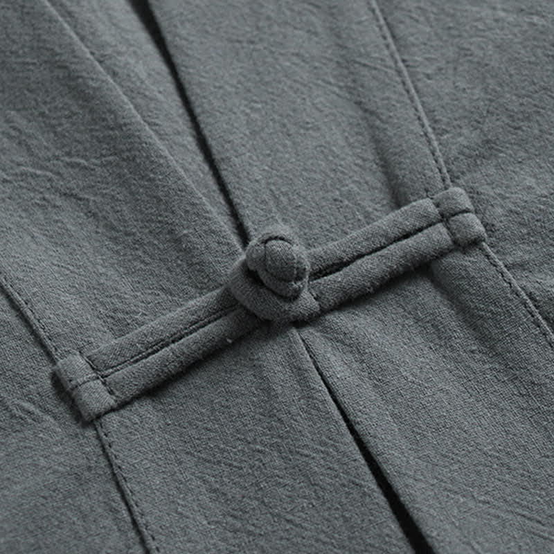 Buddha Stones Completo estivo da uomo in stile Tang con bottoni a rana, scollo a V, senza maniche e tasche, composto da camicia e pantaloni in lino tinta unita con scollo a V e tasche, ideale per la meditazione. - image 9