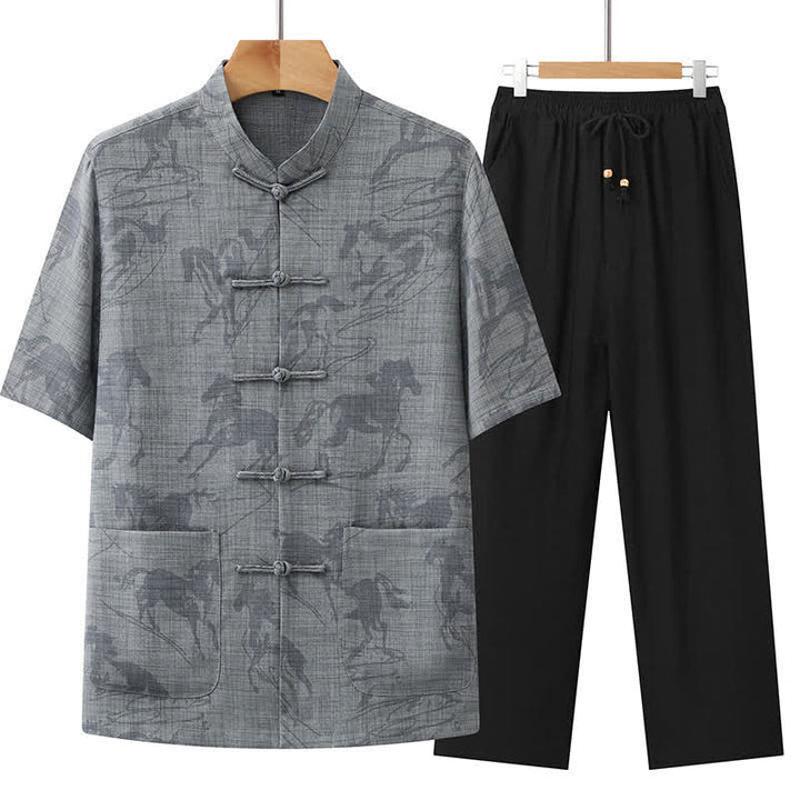 Buddha Stones Completo estivo da uomo in stile Tang, casual, con bottoni a rana, colletto alla coreana, stampa di cavalli, maniche corte, pantaloni e tasche, ideale per la meditazione. - Grigio scuro - US/UK/AU42, EU52 (3XL) - image 4