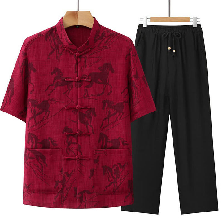 Buddha Stones Completo estivo da uomo in stile Tang, casual, con bottoni a rana, colletto alla coreana, stampa di cavalli, maniche corte, pantaloni e tasche, ideale per la meditazione. - Cremisi - US/UK/AU42, EU52 (3XL) - image 13