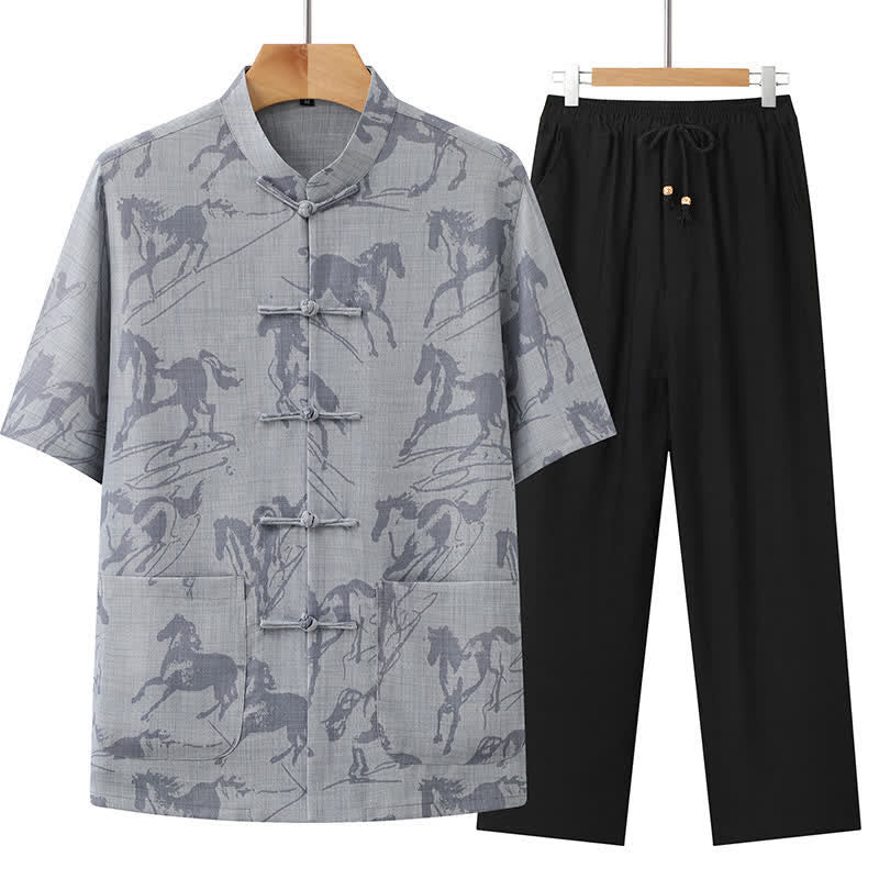 Buddha Stones Completo estivo da uomo in stile Tang, casual, con bottoni a rana, colletto alla coreana, stampa di cavalli, maniche corte, pantaloni e tasche, ideale per la meditazione. - Grigio chiaro - US/UK/AU42, EU52 (3XL) - image 2
