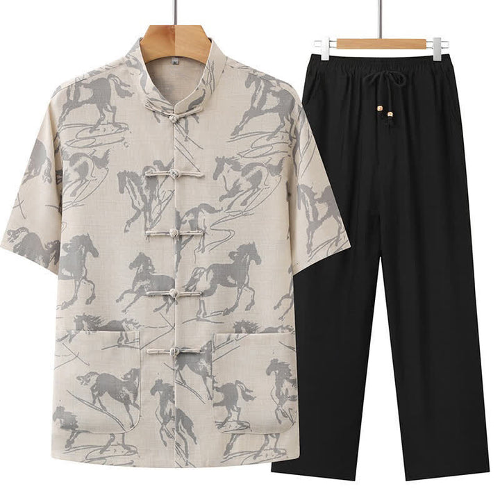 Buddha Stones Completo estivo da uomo in stile Tang, casual, con bottoni a rana, colletto alla coreana, stampa di cavalli, maniche corte, pantaloni e tasche, ideale per la meditazione. - Beige - US/UK/AU42, EU52 (3XL) - image 0