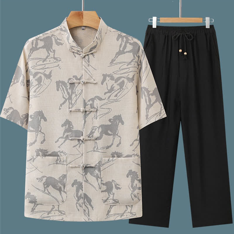 Buddha Stones Completo estivo da uomo in stile Tang, casual, con bottoni a rana, colletto alla coreana, stampa di cavalli, maniche corte, pantaloni e tasche, ideale per la meditazione. - image 1