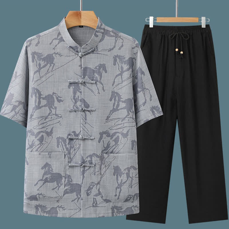 Buddha Stones Completo estivo da uomo in stile Tang, casual, con bottoni a rana, colletto alla coreana, stampa di cavalli, maniche corte, pantaloni e tasche, ideale per la meditazione. - image 3