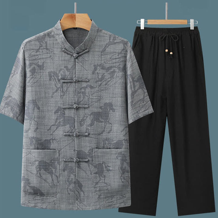 Buddha Stones Completo estivo da uomo in stile Tang, casual, con bottoni a rana, colletto alla coreana, stampa di cavalli, maniche corte, pantaloni e tasche, ideale per la meditazione. - image 5