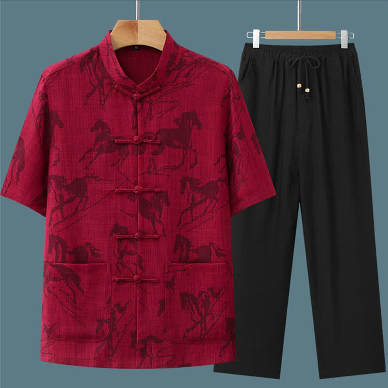 Buddha Stones Completo estivo da uomo in stile Tang, casual, con bottoni a rana, colletto alla coreana, stampa di cavalli, maniche corte, pantaloni e tasche, ideale per la meditazione. - image 14
