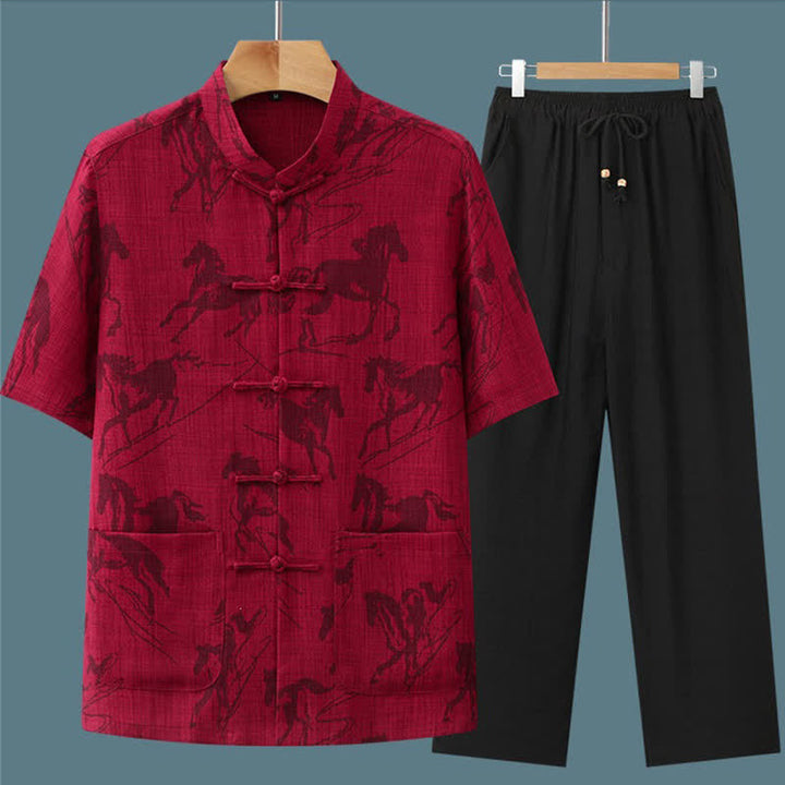 Buddha Stones Completo estivo da uomo in stile Tang, casual, con bottoni a rana, colletto alla coreana, stampa di cavalli, maniche corte, pantaloni e tasche, ideale per la meditazione. - image 14