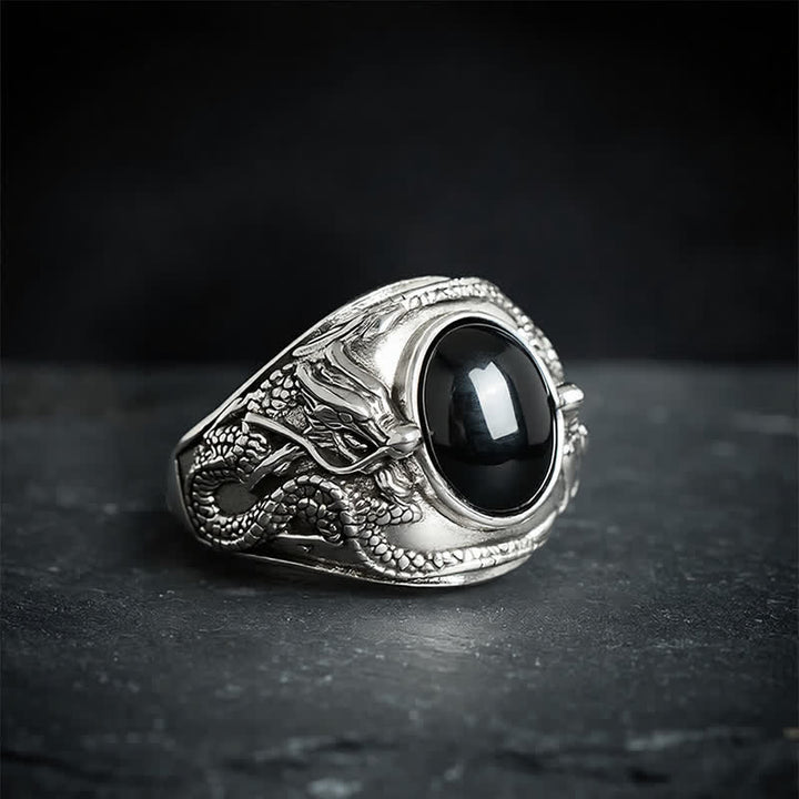 Buddha Stones Anello aperto di purificazione del drago in ossidiana nera - Drago (Forza ♥ Potere) - image 0