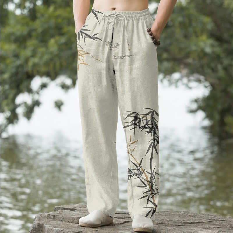 Buddha Stones Pantaloni da uomo affusolati con tasche, stampa a bambù, in cotone. - Biancheria - US/UK/AU50, EU60 (5XL) - image 0