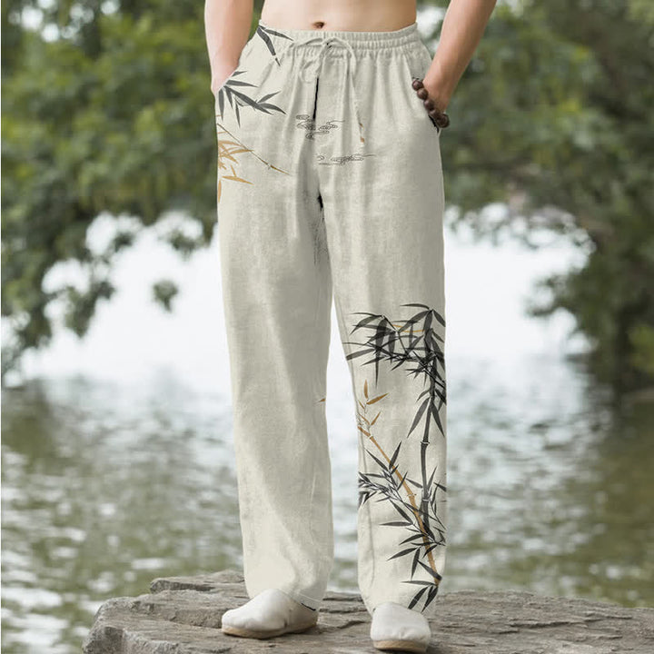 Buddha Stones Pantaloni da uomo affusolati con tasche, stampa a bambù, in cotone. - Biancheria - US/UK/AU50, EU60 (5XL) - image 0
