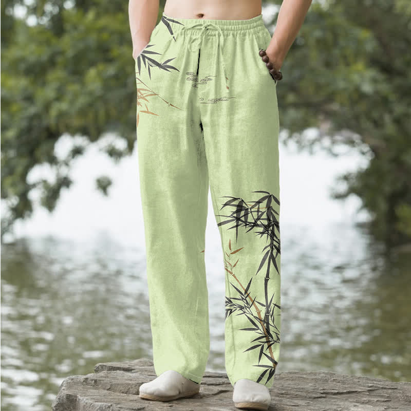 Buddha Stones Pantaloni da uomo affusolati con tasche, stampa a bambù, in cotone. - Verde chiaro - US/UK/AU50, EU60 (5XL) - image 4