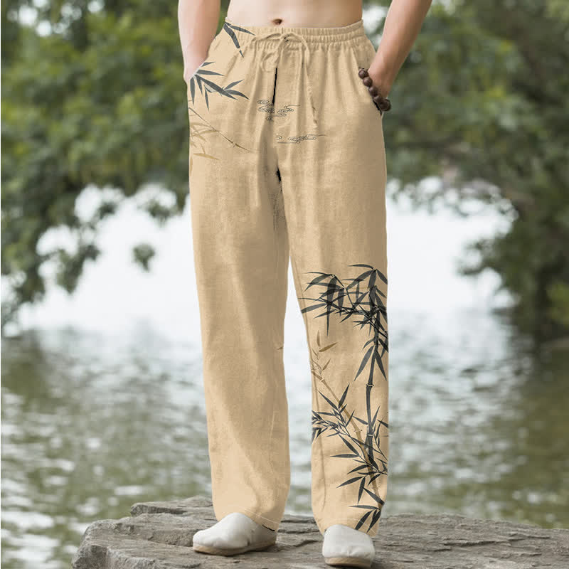 Buddha Stones Pantaloni da uomo affusolati con tasche, stampa a bambù, in cotone. - Tan - US/UK/AU50, EU60 (5XL) - image 6