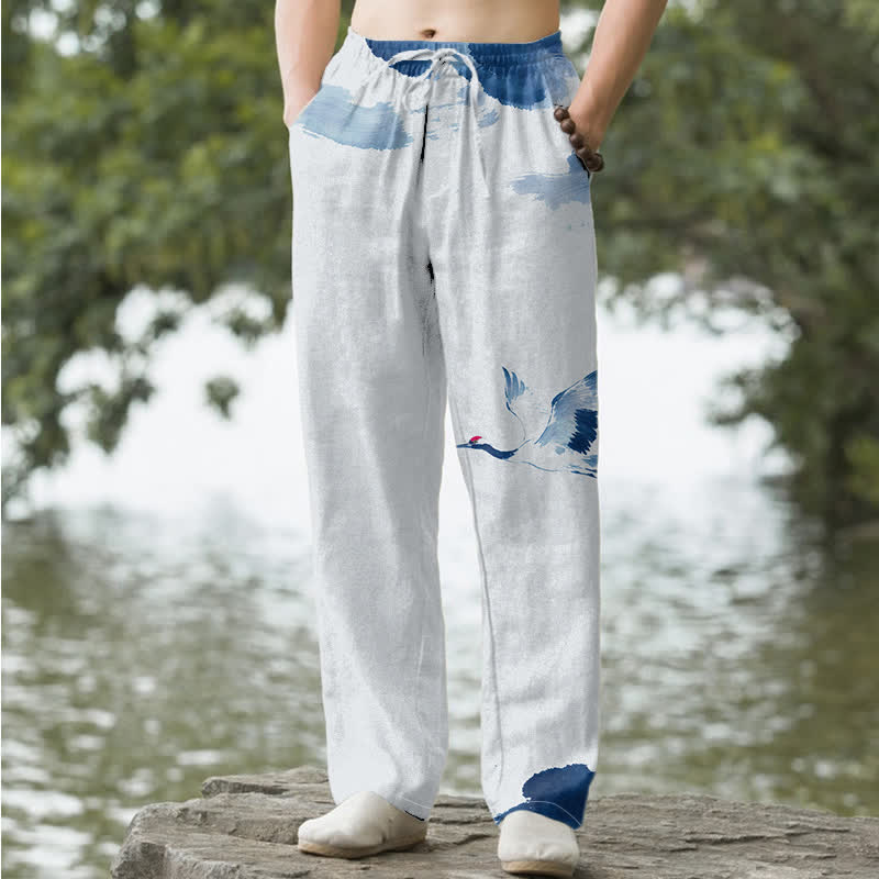 Buddha Stones Pantaloni da uomo affusolati in cotone con motivo gru dalla corona rossa e tasche - Azzurro chiaro - US/UK/AU50, EU60 (5XL) - image 0