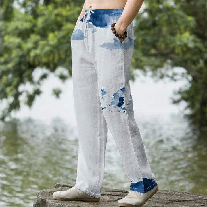 Buddha Stones Pantaloni da uomo affusolati in cotone con motivo gru dalla corona rossa e tasche - image 1
