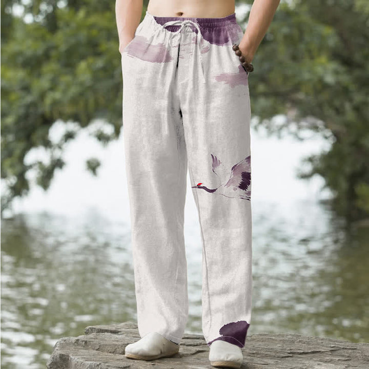 Buddha Stones Pantaloni da uomo affusolati in cotone con motivo gru dalla corona rossa e tasche - Cardo - US/UK/AU50, EU60 (5XL) - image 4