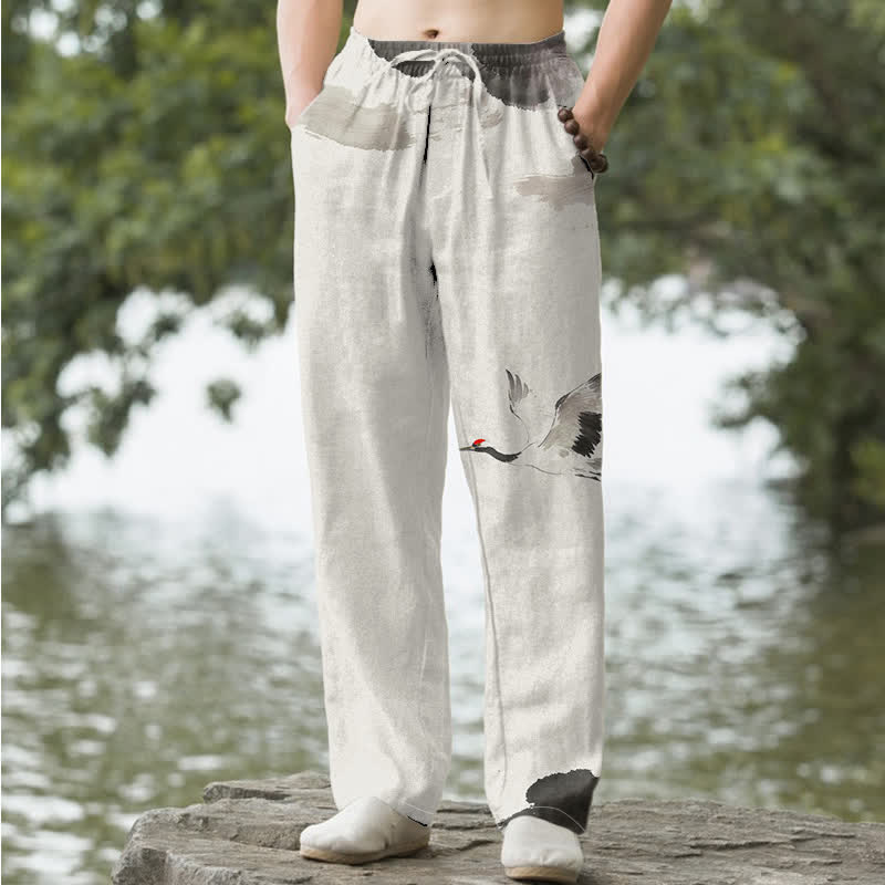 Buddha Stones Pantaloni da uomo affusolati in cotone con motivo gru dalla corona rossa e tasche - Nero - US/UK/AU50, EU60 (5XL) - image 6