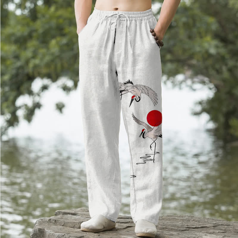 Buddha Stones Pantaloni da uomo affusolati in cotone con motivo a gru e sole rossi e tasche. - Biancheria - US/UK/AU50, EU60 (5XL) - image 0