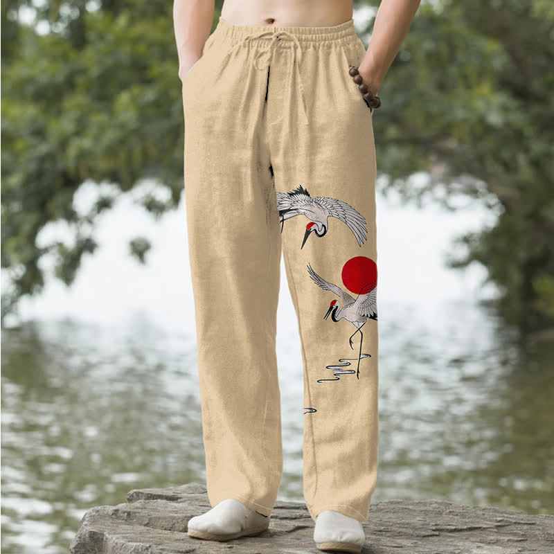 Buddha Stones Pantaloni da uomo affusolati in cotone con motivo a gru e sole rossi e tasche. - Grano - US/UK/AU50, EU60 (5XL) - image 4