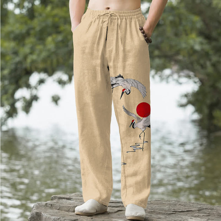 Buddha Stones Pantaloni da uomo affusolati in cotone con motivo a gru e sole rossi e tasche. - Grano - US/UK/AU50, EU60 (5XL) - image 4