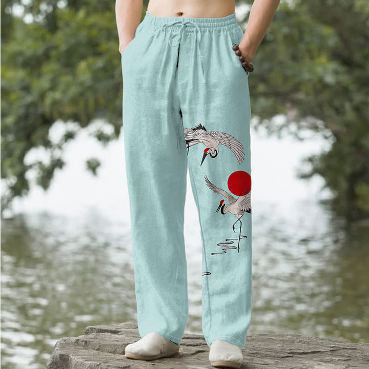 Buddha Stones Pantaloni da uomo affusolati in cotone con motivo a gru e sole rossi e tasche. - Turchese pallido - US/UK/AU50, EU60 (5XL) - image 6