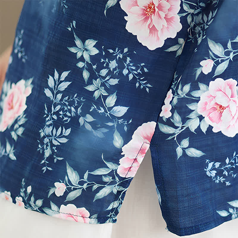 Buddha Stones Camicia da donna estiva casual con bottoni a rana, stampa floreale di peonie rosa, maniche a tre quarti. - image 10