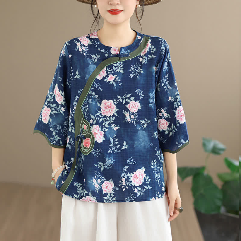 Buddha Stones Camicia da donna estiva casual con bottoni a rana, stampa floreale di peonie rosa, maniche a tre quarti. - image 1