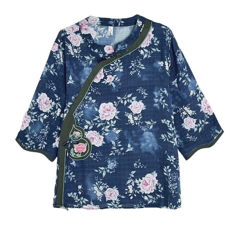 Buddha Stones Camicia da donna estiva casual con bottoni a rana, stampa floreale di peonie rosa, maniche a tre quarti. - image 6