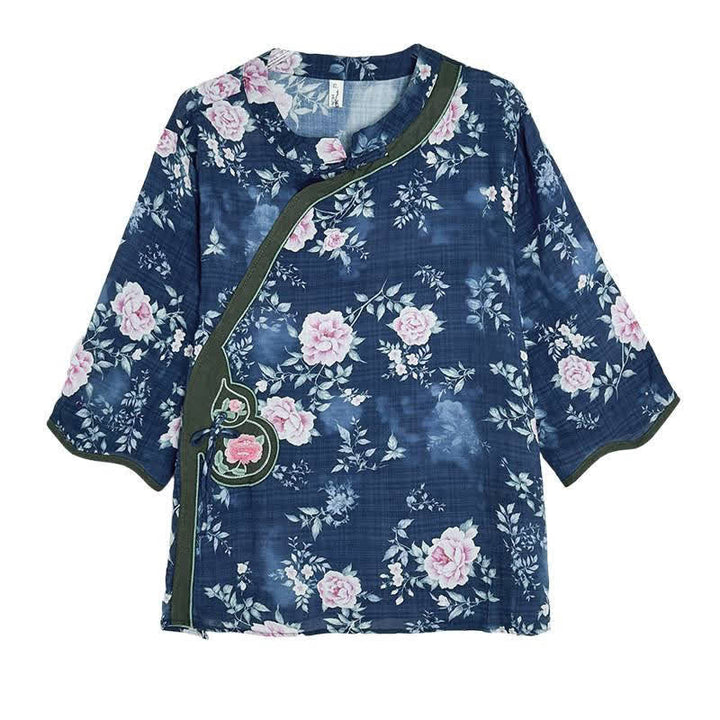 Buddha Stones Camicia da donna estiva casual con bottoni a rana, stampa floreale di peonie rosa, maniche a tre quarti. - image 6