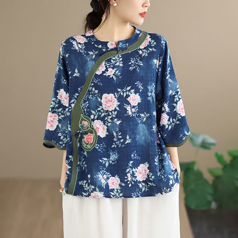 Buddha Stones Camicia da donna estiva casual con bottoni a rana, stampa floreale di peonie rosa, maniche a tre quarti. - image 4