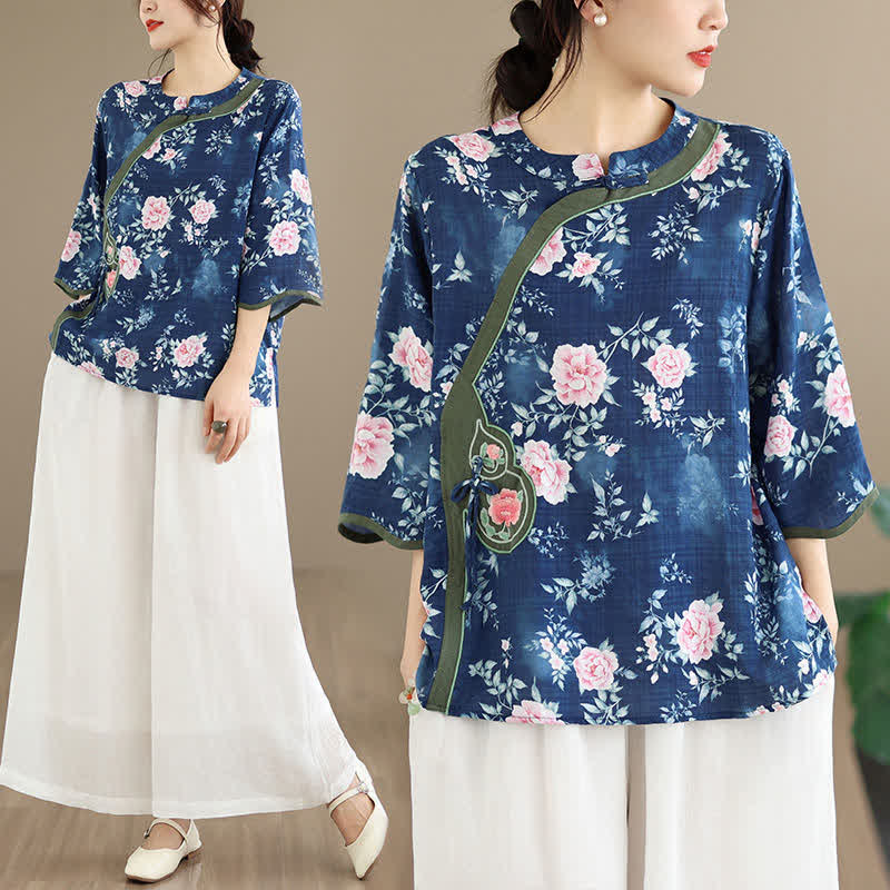 Buddha Stones Camicia da donna estiva casual con bottoni a rana, stampa floreale di peonie rosa, maniche a tre quarti. - image 7
