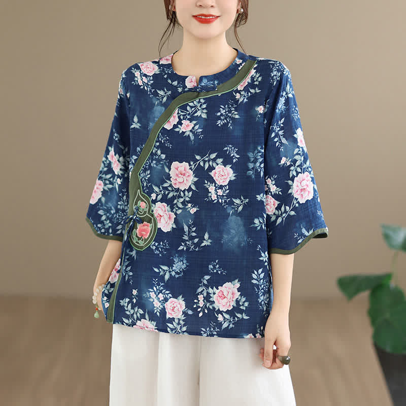 Buddha Stones Camicia da donna estiva casual con bottoni a rana, stampa floreale di peonie rosa, maniche a tre quarti. - image 2