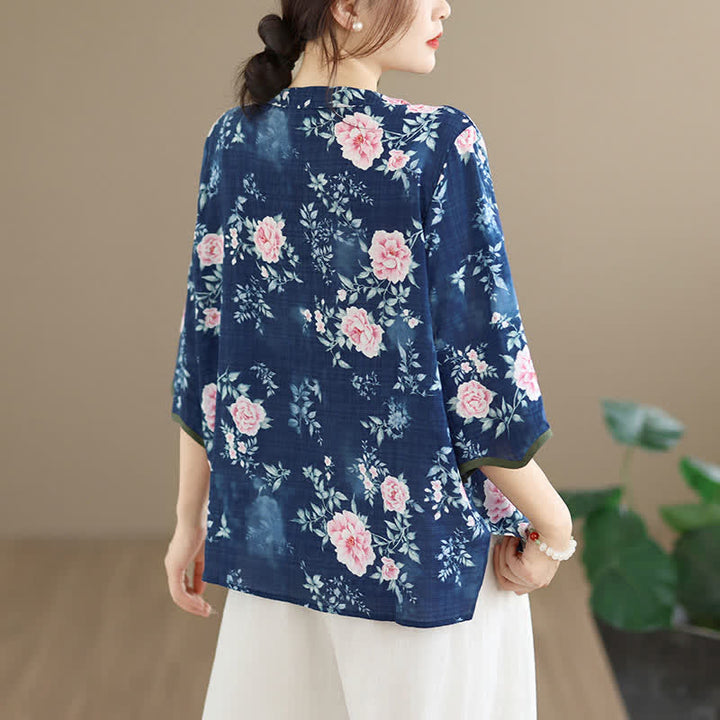 Buddha Stones Camicia da donna estiva casual con bottoni a rana, stampa floreale di peonie rosa, maniche a tre quarti. - image 3