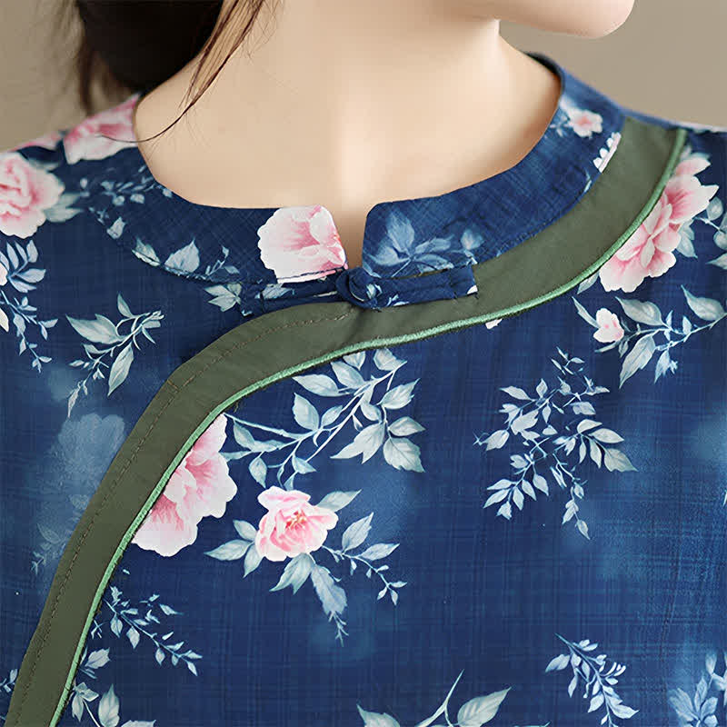 Buddha Stones Camicia da donna estiva casual con bottoni a rana, stampa floreale di peonie rosa, maniche a tre quarti. - image 8