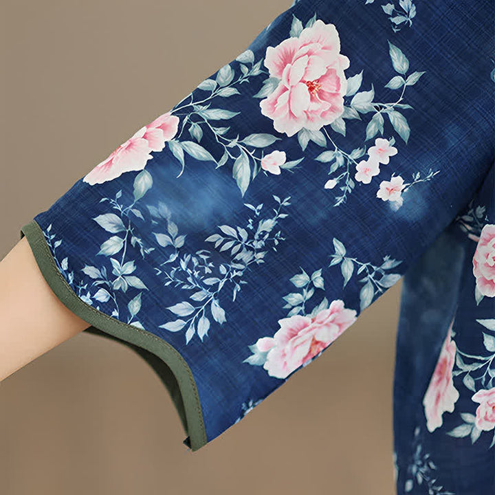 Buddha Stones Camicia da donna estiva casual con bottoni a rana, stampa floreale di peonie rosa, maniche a tre quarti. - image 11