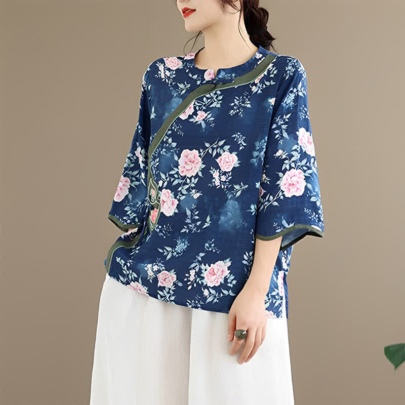 Buddha Stones Camicia da donna estiva casual con bottoni a rana, stampa floreale di peonie rosa, maniche a tre quarti. - image 5