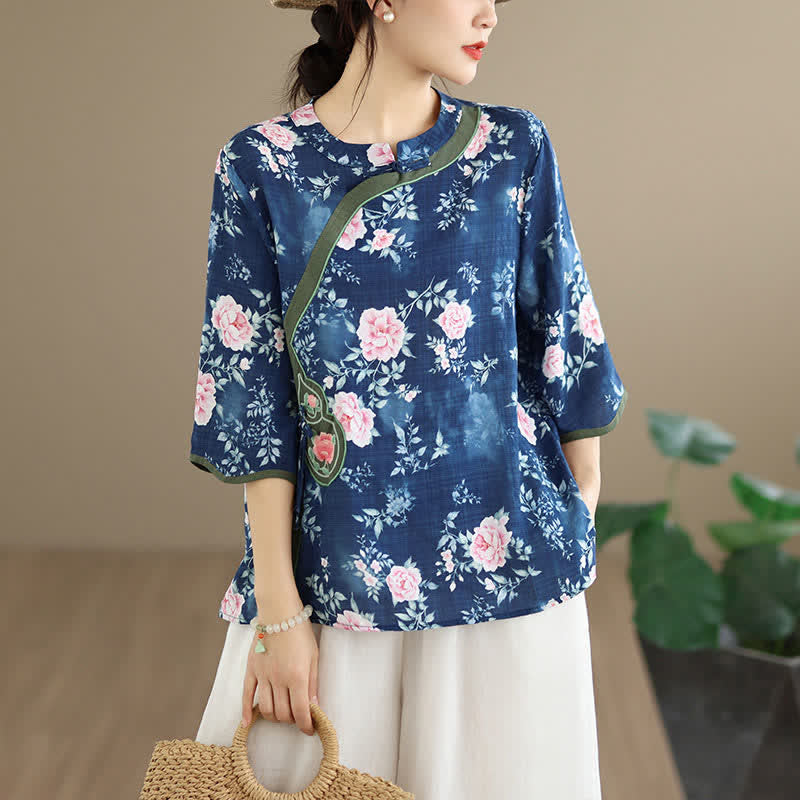 Buddha Stones Camicia da donna estiva casual con bottoni a rana, stampa floreale di peonie rosa, maniche a tre quarti. - Blu ardesia scuro - US8-10, UK/AU12-14, EU40-42 (2XL) - image 0