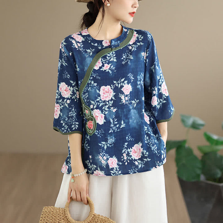 Buddha Stones Camicia da donna estiva casual con bottoni a rana, stampa floreale di peonie rosa, maniche a tre quarti. - Blu ardesia scuro - US8-10, UK/AU12-14, EU40-42 (2XL) - image 0