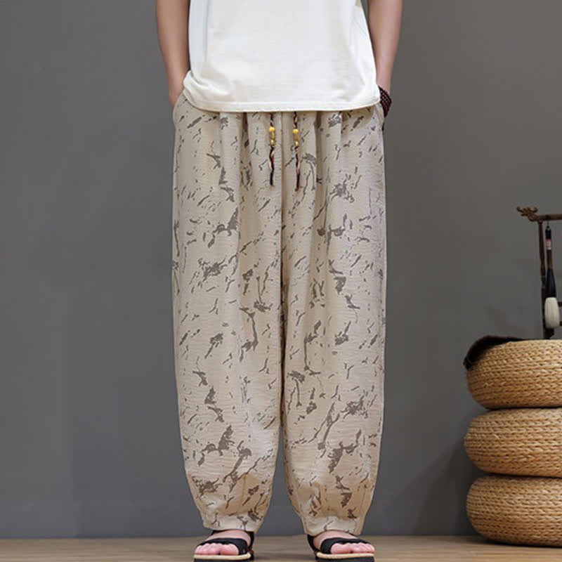Buddha Stones Pantaloni estivi casual minimalisti con coulisse e motivo astratto alla caviglia, pantaloni harem da uomo con tasca - image 20